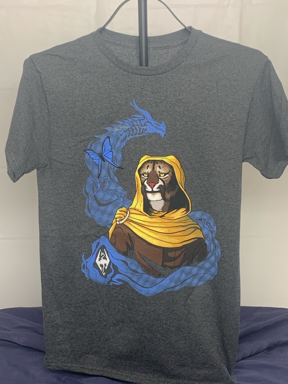 Kids Short Sleeve Graphic Tee - Charcoal with Yellow Hooded Panther Design